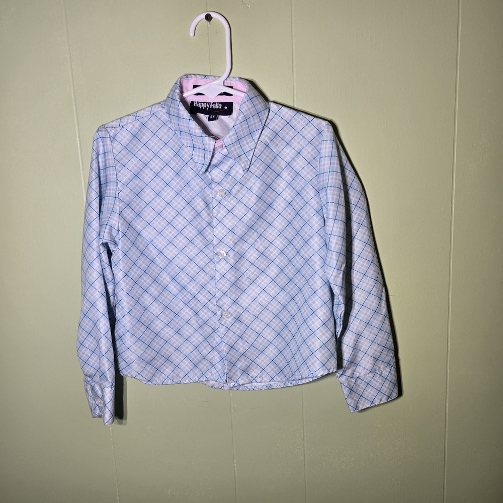 I13 Happy Fella Boy's Kids Toddler Button Shirt Size 4T Light Blue Plaid Pattern